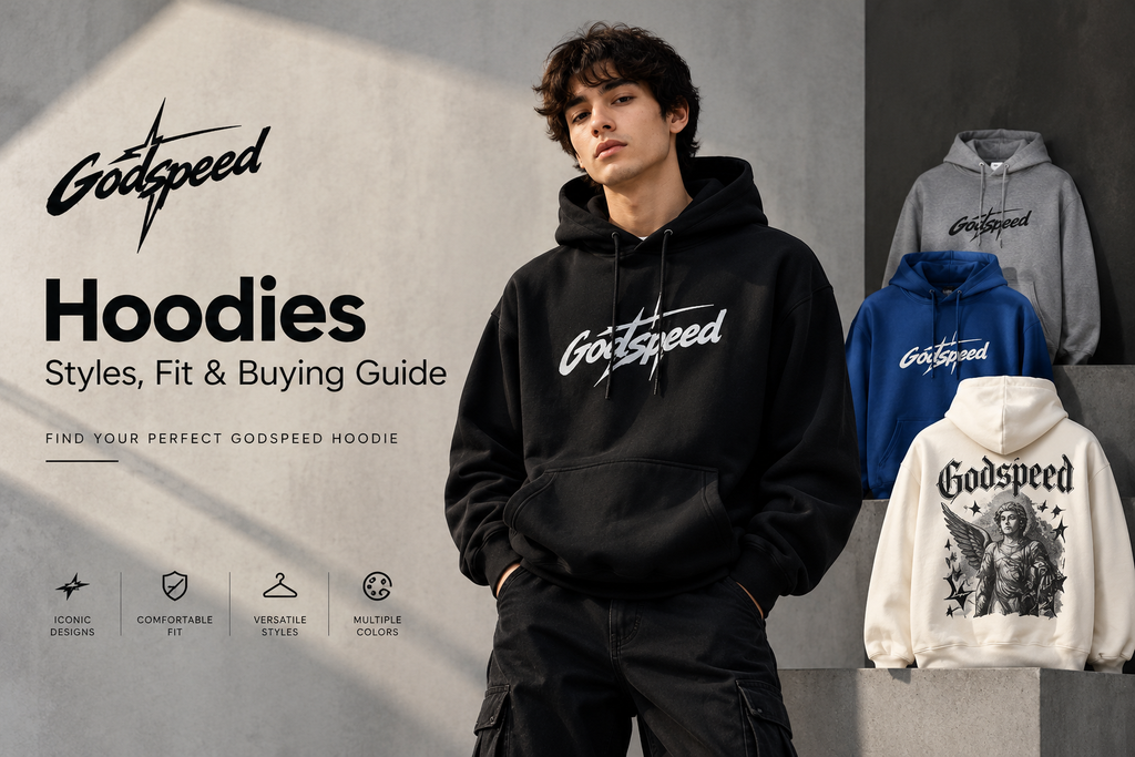 Godspeed hoodies in black, blue, grey and cream with different streetwear designs.