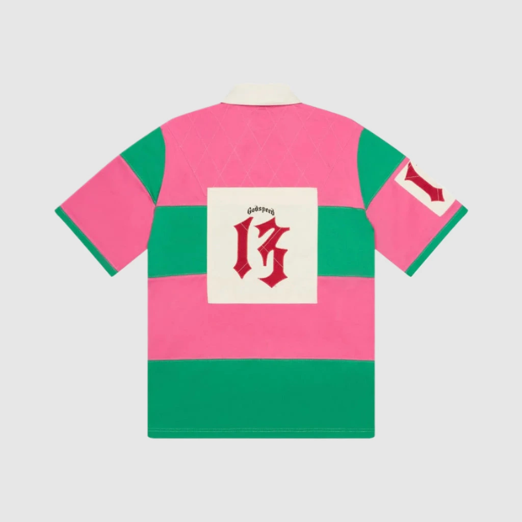 godspeed pink and green shirt back