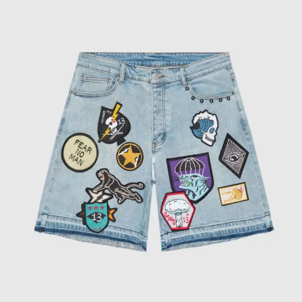 godspeed patchwork denim shorts